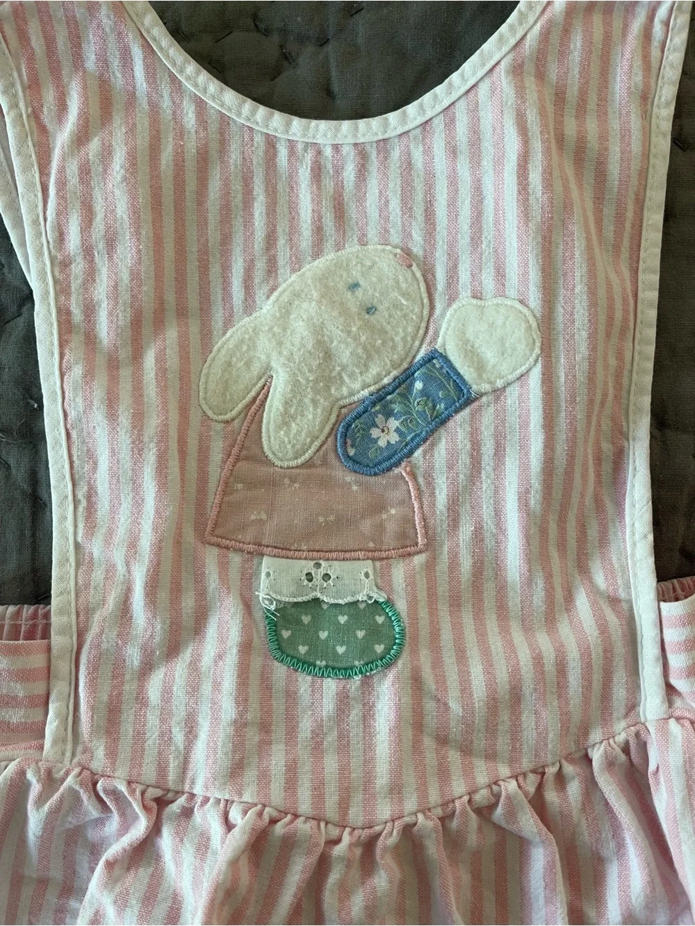 Vintage Ruth Scharf Pink White Striped Girls Overall Dress Bunny Appliqué 4T